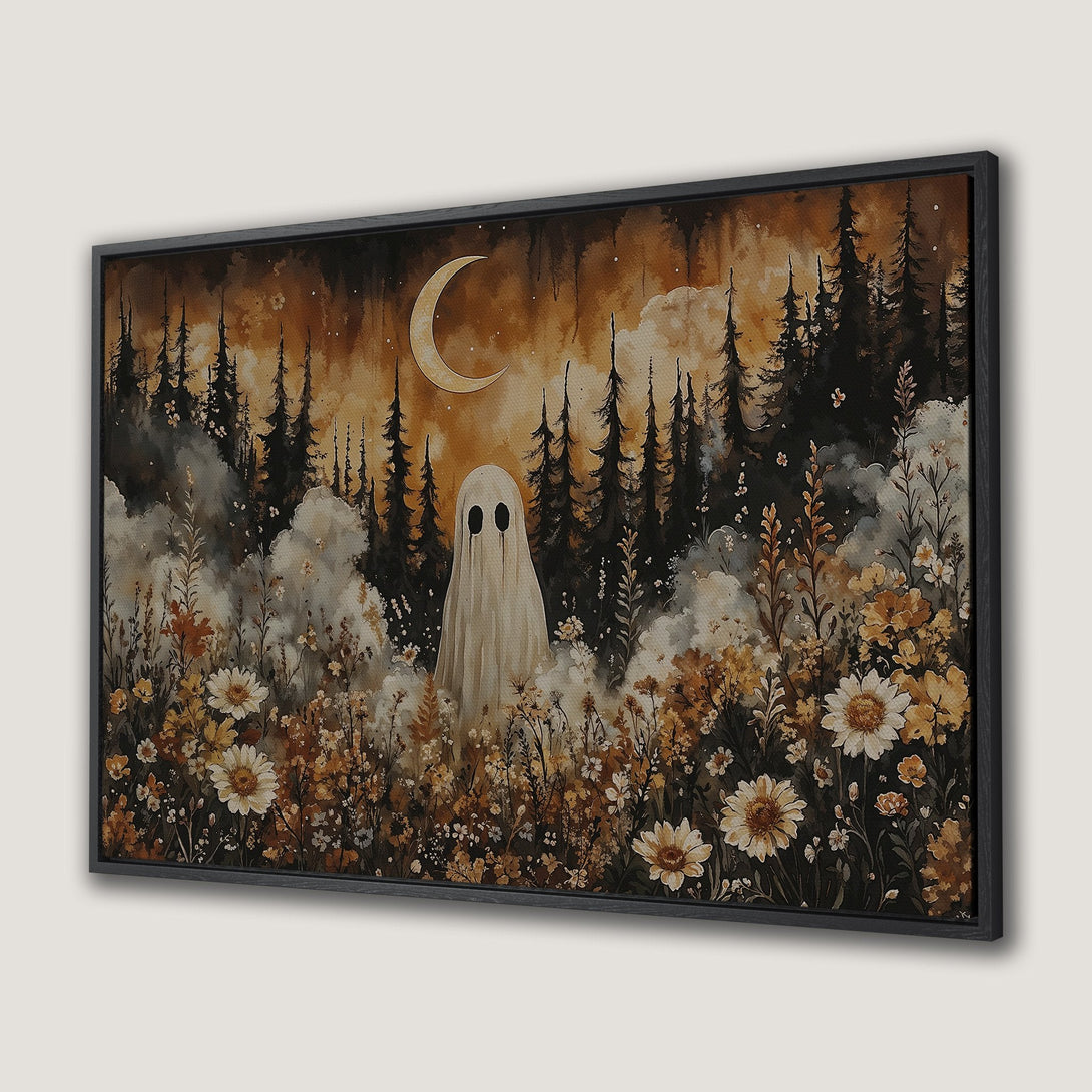 Framed Wall Art featuring a whimsical ghost in a forest scene. Watercolor style with a warm, autumnal color palette. Perfect for Halloween decor!
