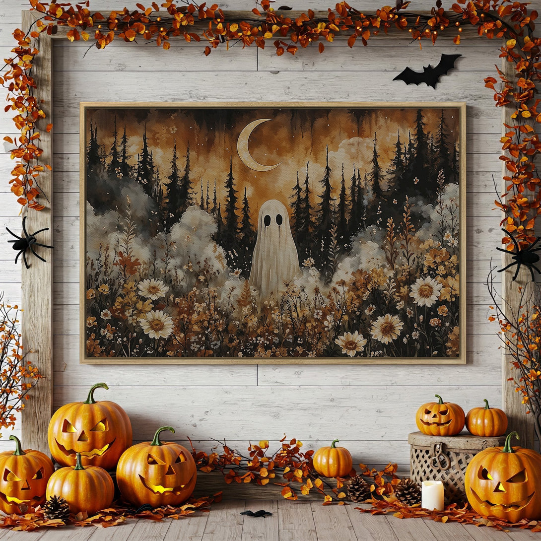 Framed Wall Art: Spooky ghost in a forest, watercolor style, warm autumn tones. Perfect Halloween decor!