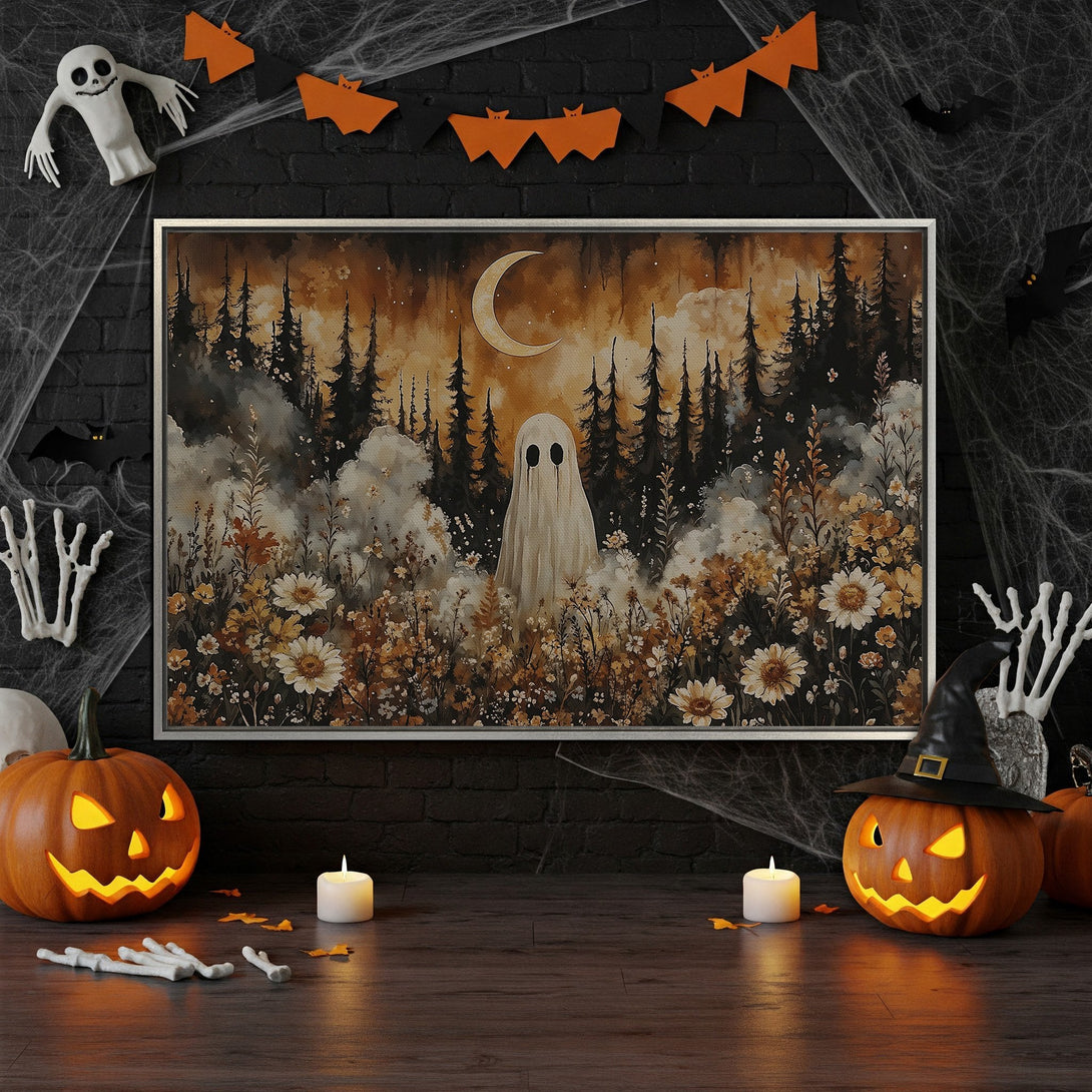 Framed Wall Art: Spooky ghost in a forest painting with warm, earthy tones. Perfect Halloween decor for a cozy, haunted vibe.