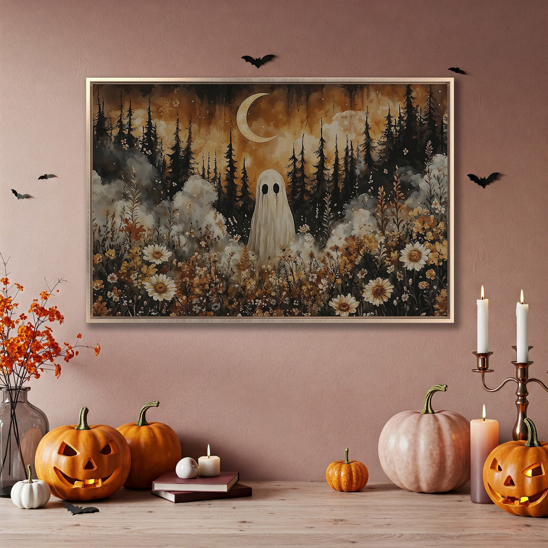 Framed Wall Art: Spooky ghost in a forest, watercolor style, warm autumnal tones. Perfect Halloween decor!