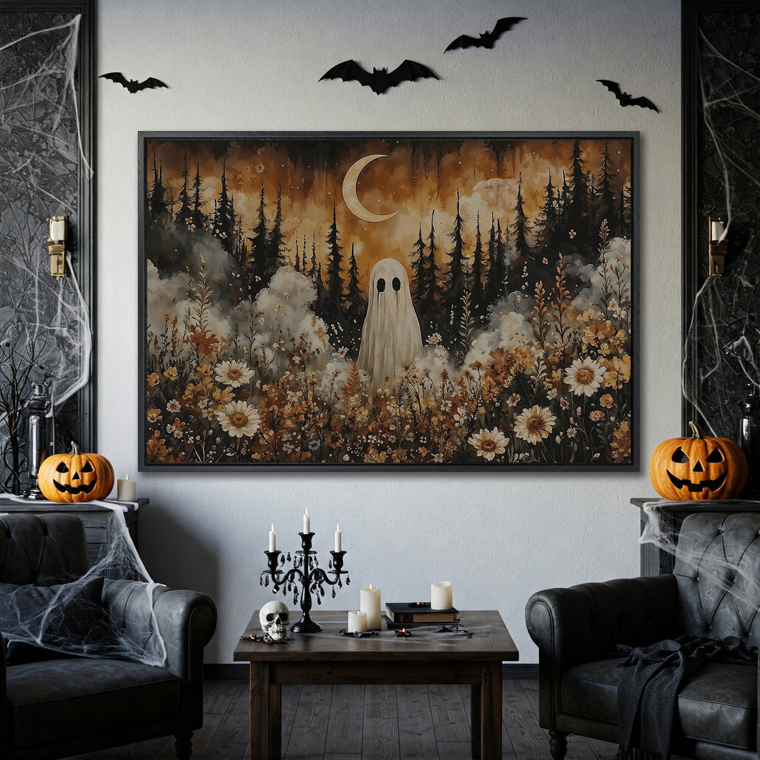 Framed Wall Art: Spooky ghost in a forest scene, warm autumnal color palette. Perfect Halloween decor!