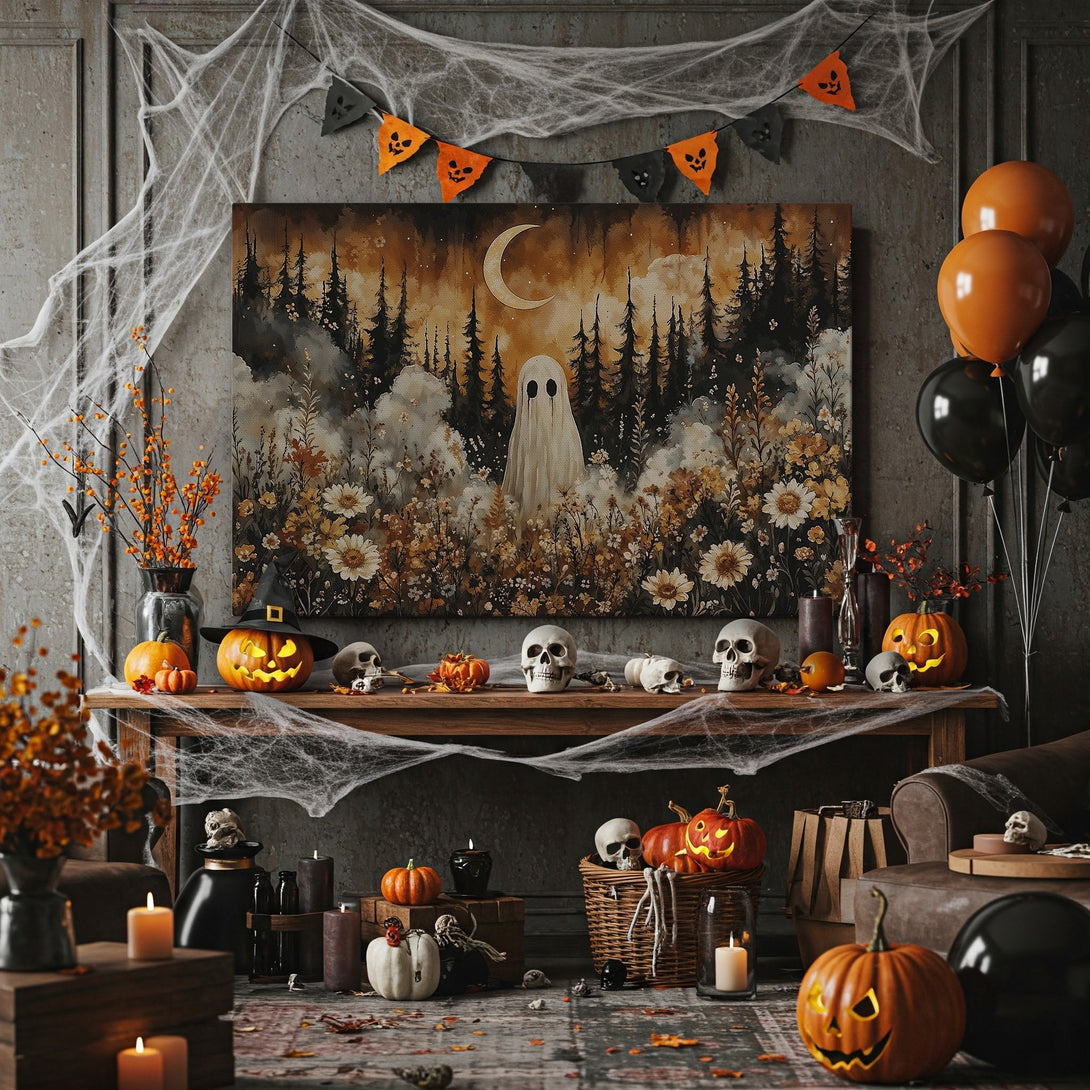 Framed Wall Art: Spooky ghost scene in warm autumnal tones. Perfect Halloween decor! Canvas Print features a whimsical ghost in a forest setting.