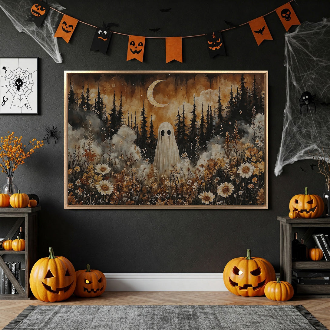 Framed Wall Art: Spooky ghost in a forest scene, watercolor style, warm autumnal color palette. Perfect Halloween decor!