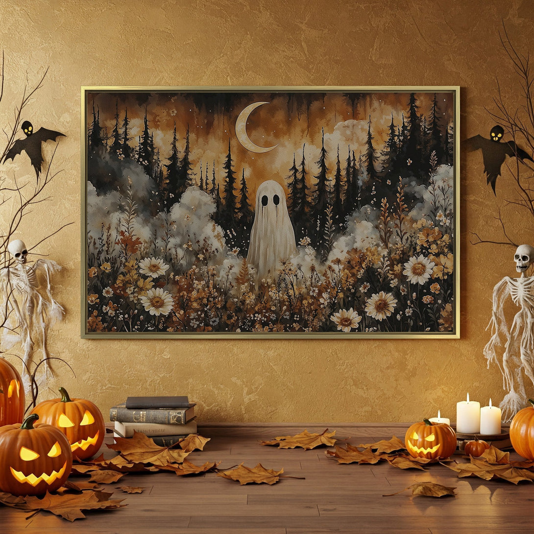 Canvas Print: Spooky Halloween art featuring a ghost in a forest, with a warm, autumnal color palette. Perfect for adding a touch of eerie elegance to your home.