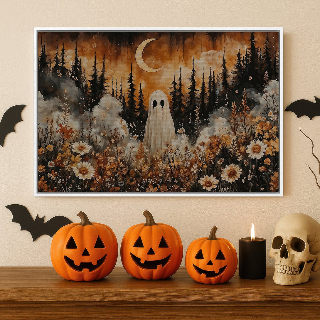 Framed Wall Art: Spooky ghost in a forest with a warm, autumnal color palette. Perfect Halloween decor for a touch of eerie charm.