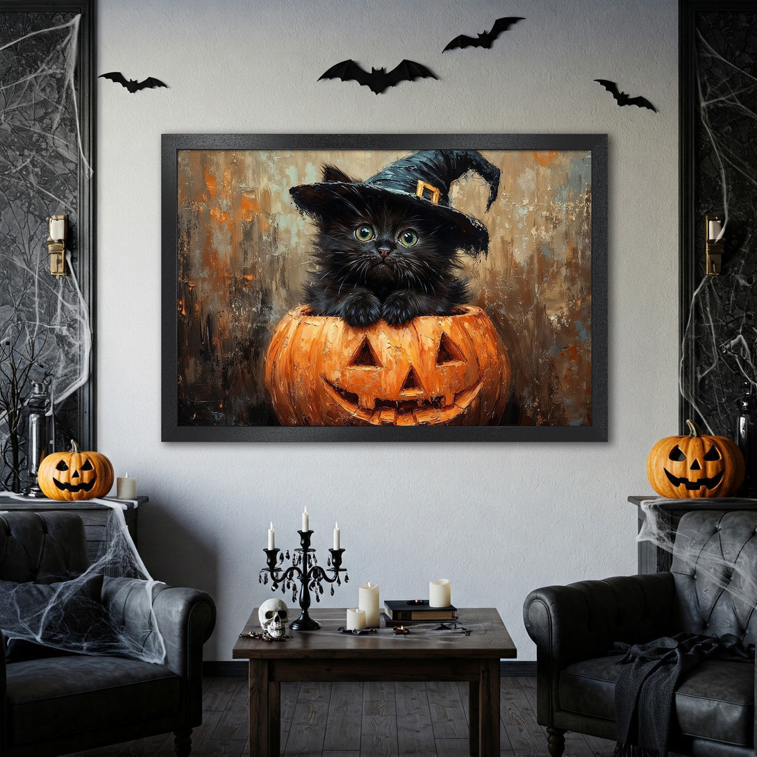 Framed Poster featuring a cute black cat in a pumpkin, Halloween art. Oil painting style, warm orange and brown color palette. Spooky home decor.