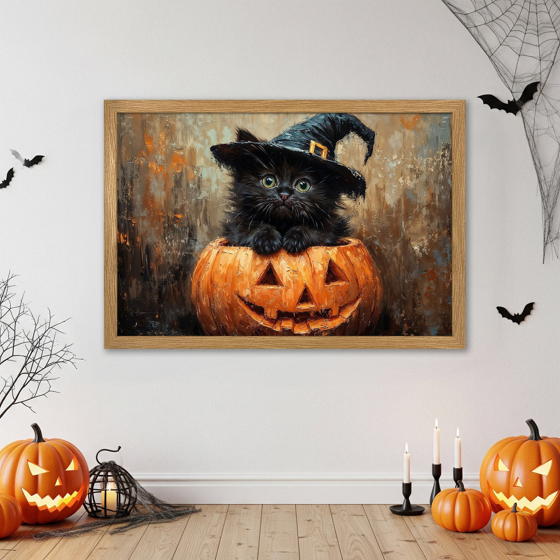 Framed Poster of a Halloween cat in a pumpkin. Artistic style with orange, black, and brown color palette. Perfect for spooky decor!