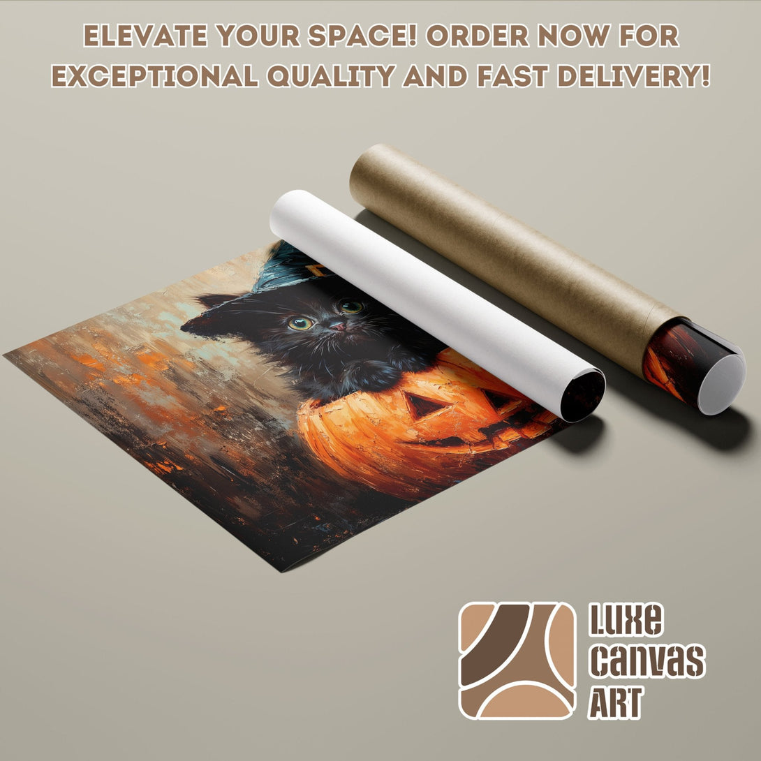 Halloween Poster Roll featuring a black cat in an orange pumpkin, warm color palette, perfect for your space!