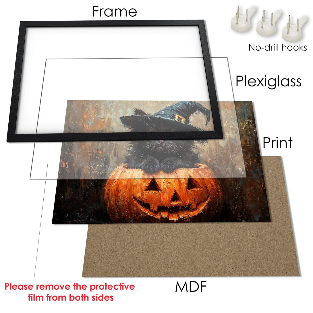 Framed Poster featuring a black cat in a pumpkin. Artistic style with warm orange, black, and brown tones. Perfect Halloween decor!