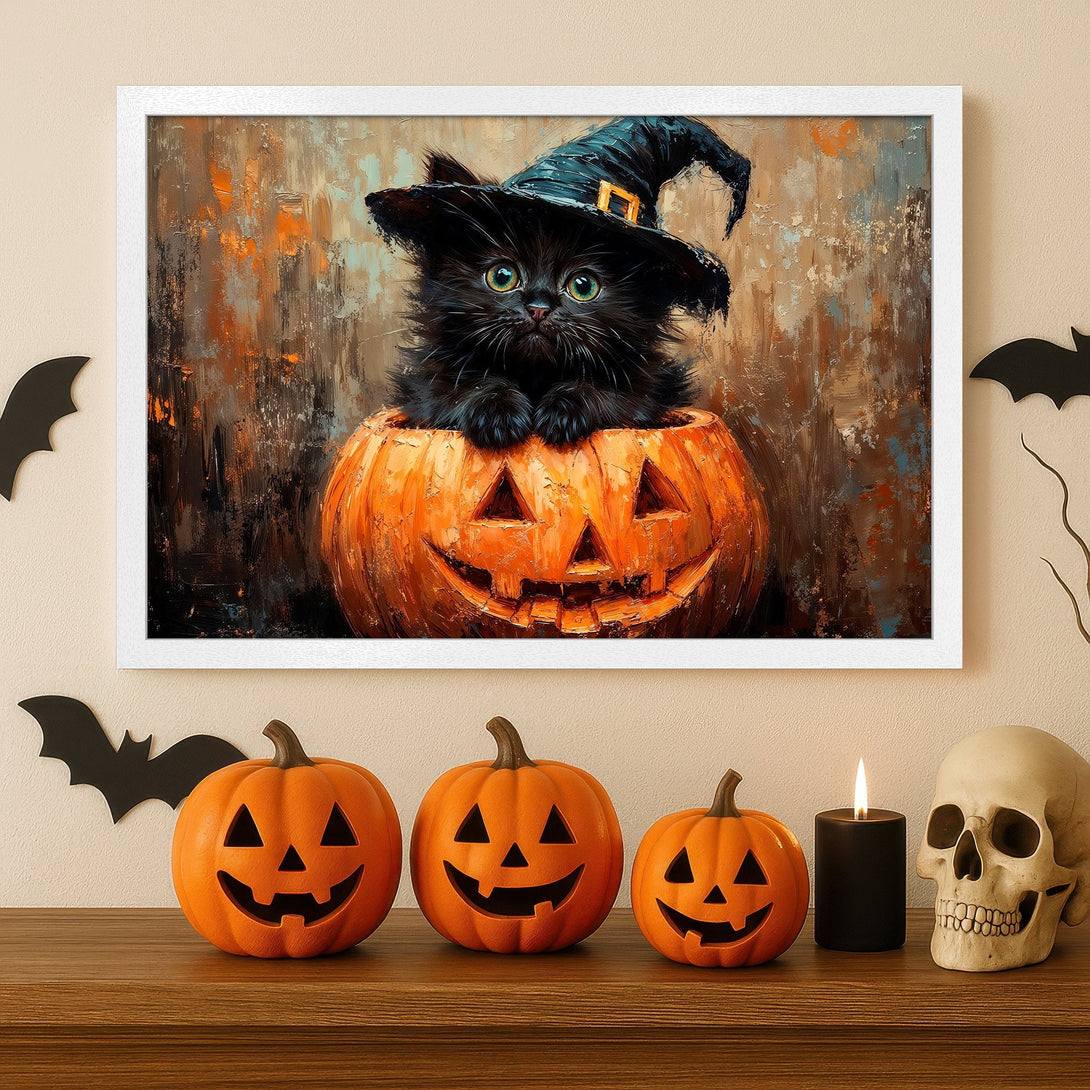 Framed Poster of a Halloween cat in a pumpkin. Artistic style with orange, brown, and black color palette. Perfect spooky decor!