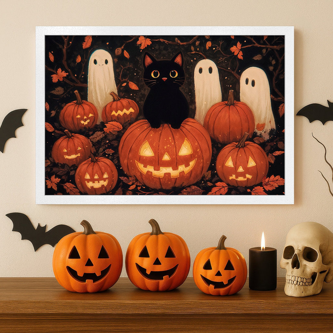 Framed Poster featuring a Halloween scene with a black cat, pumpkins, and ghosts. Warm orange and black palette. Spooky decor!