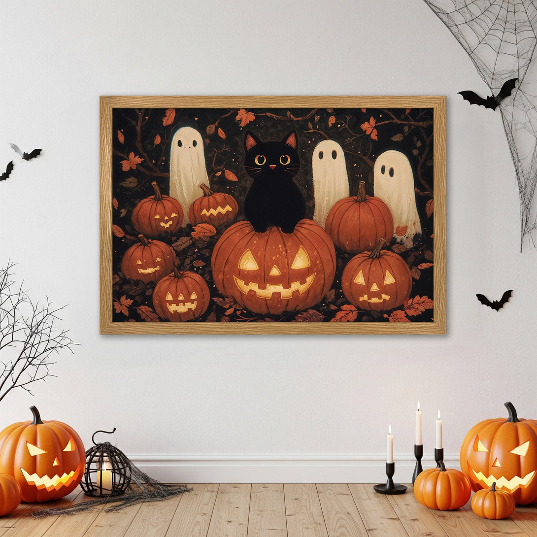 Framed Poster featuring a black cat on a pumpkin with ghosts, in a whimsical Halloween style with orange and black tones.