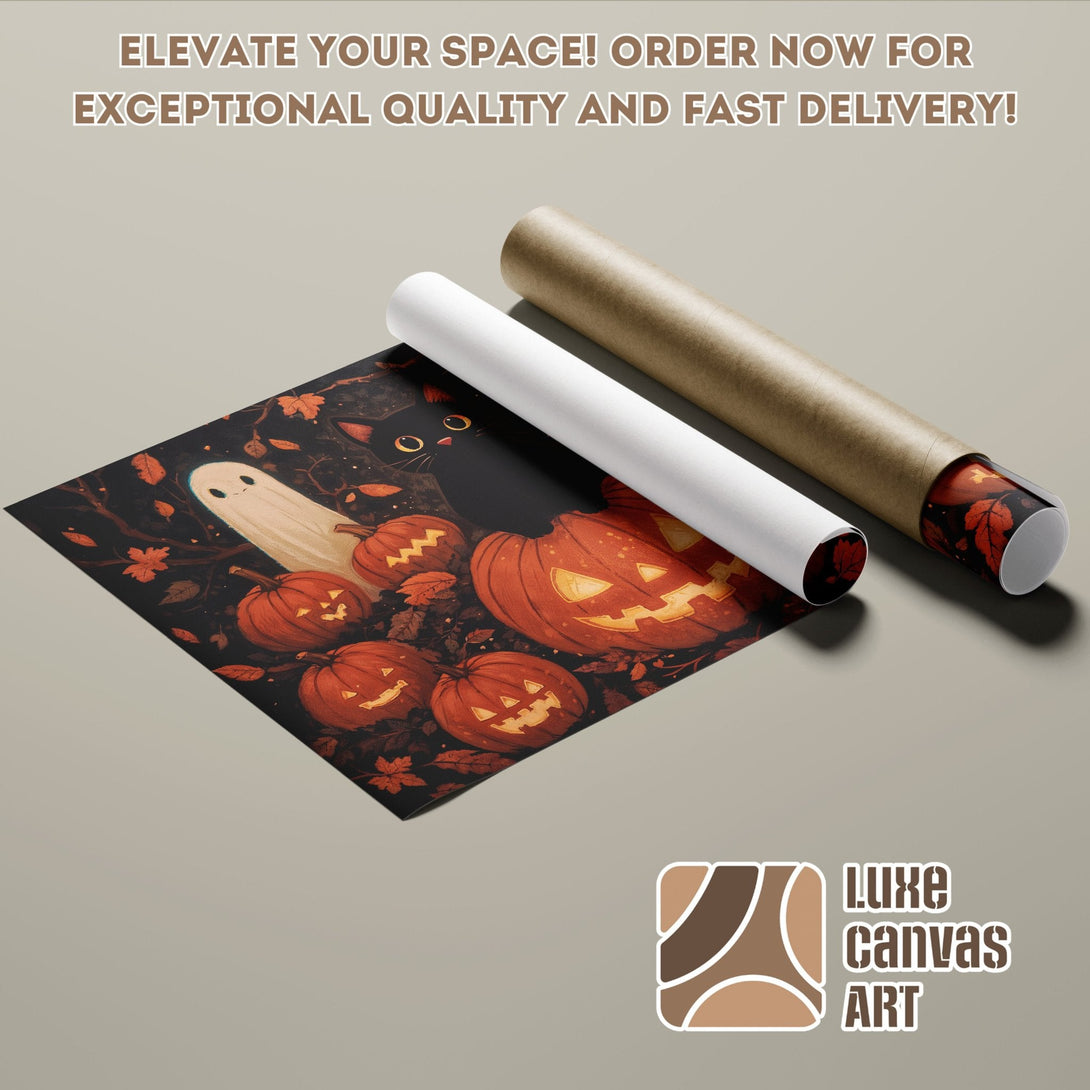 Halloween Poster Roll featuring a black cat, pumpkins, and ghost. Warm orange and black color palette.