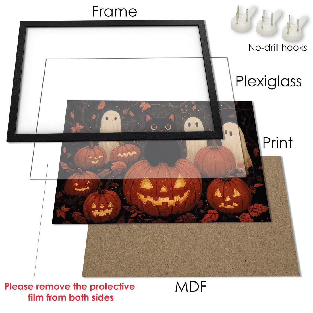 Framed Poster featuring a spooky Halloween design with pumpkins, ghosts, and a black cat. Dark color palette. Perfect seasonal decor!