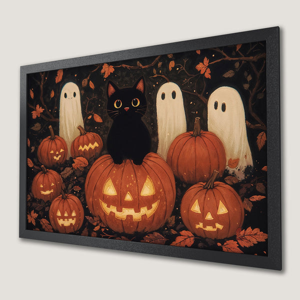 Framed Poster featuring a black cat on a pumpkin with ghosts, warm fall colors, and a spooky Halloween vibe.