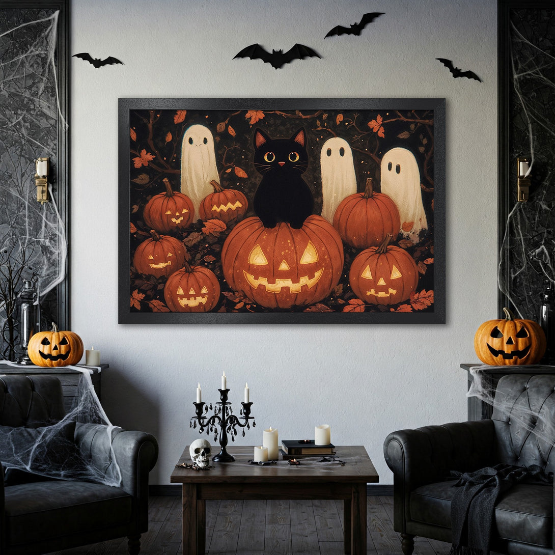 Framed Poster featuring a black cat on a pumpkin with ghosts, Halloween art, warm orange and black color palette.