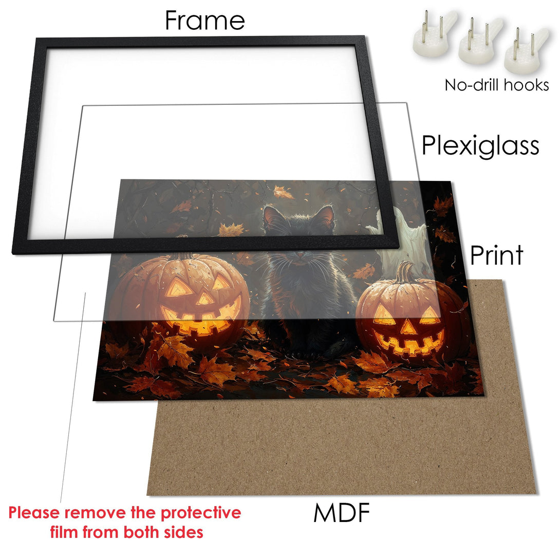 Framed Poster featuring a black cat and jack-o'-lanterns in a dark, autumnal style with warm orange and brown tones. Perfect Halloween decor!