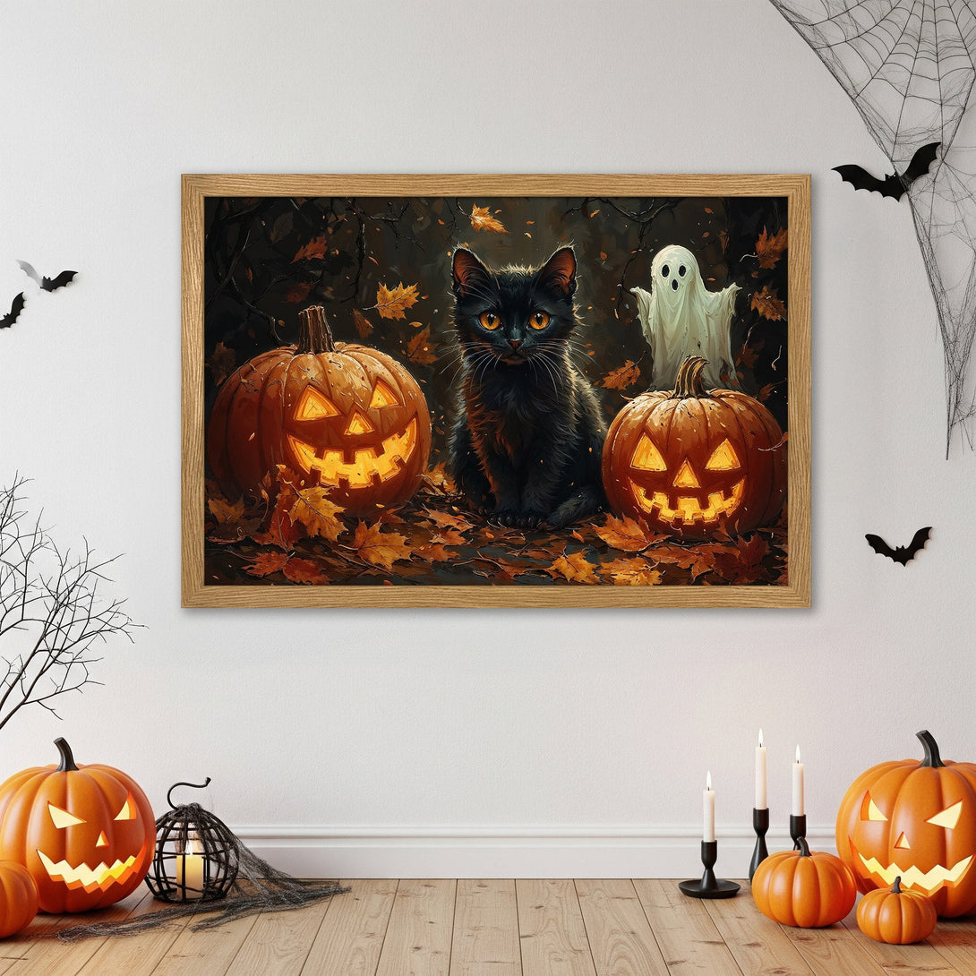 Framed Poster featuring a black cat, pumpkins, and ghost in a spooky, autumnal style. Orange and dark tones. Perfect Halloween decor!