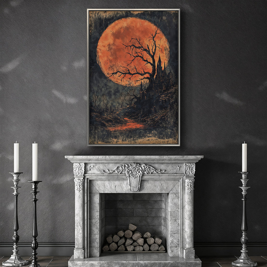 Framed Wall Art: Spooky Halloween scene with a blood moon, eerie castle, and dark, moody color palette. Perfect for adding a touch of gothic style.