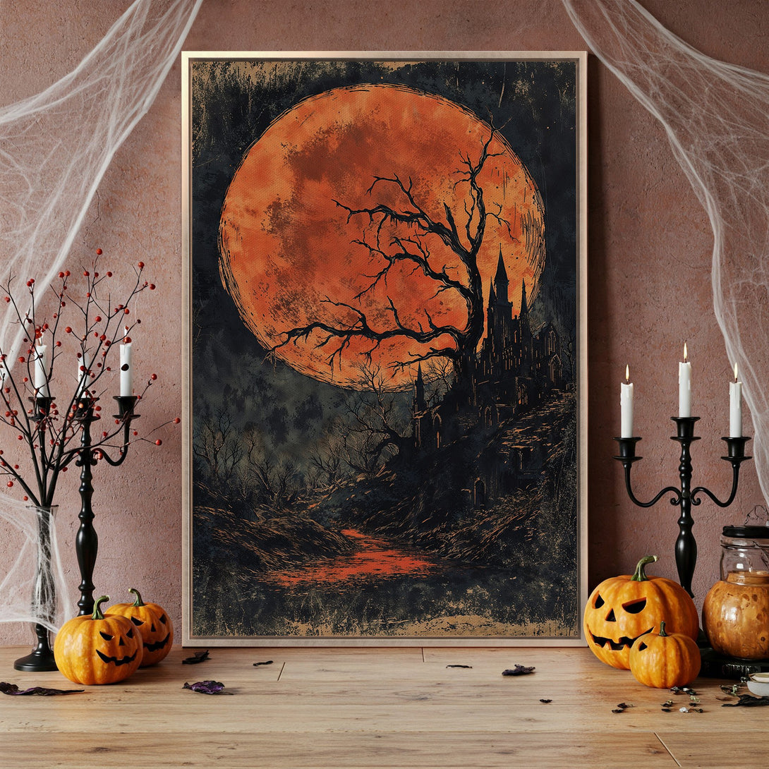Framed Wall Art: Spooky Halloween scene with a blood moon, castle, and eerie trees. Dark & orange color palette. Perfect for seasonal decor!