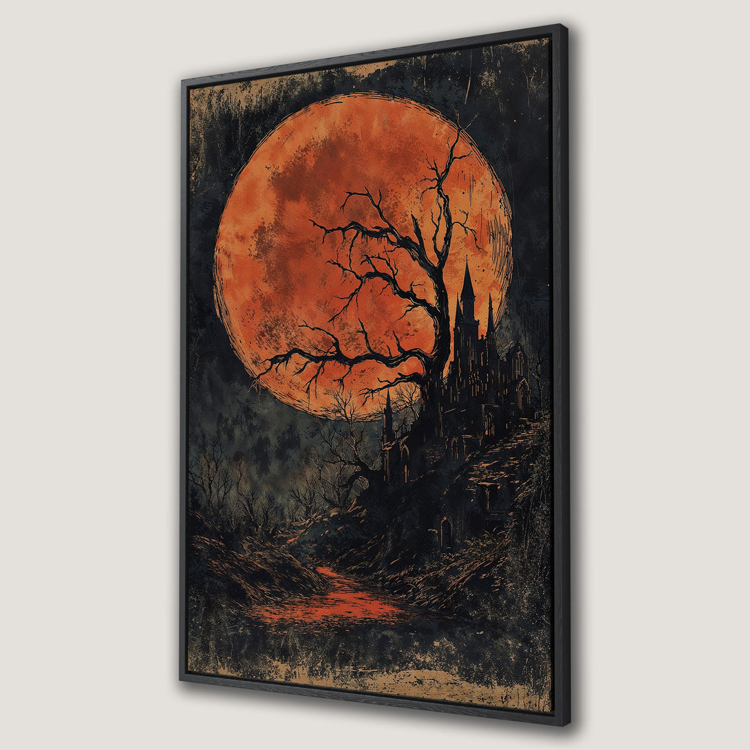Framed Wall Art featuring a spooky castle under a blood moon. Gothic illustration in a dark, orange, and black color palette. Perfect Halloween decor!
