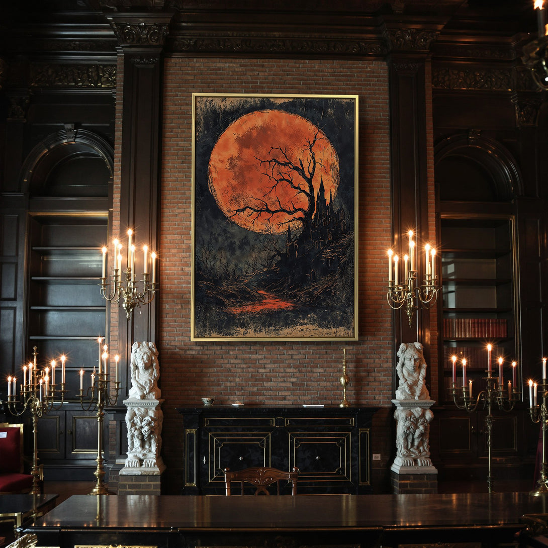 Spooky Halloween Canvas Print featuring a blood moon, eerie castle, and dark color palette. Perfect for adding a touch of gothic art to your home!