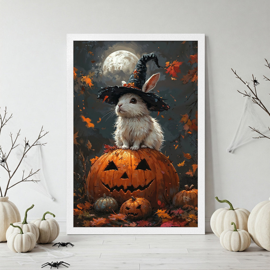 Framed Poster featuring a cute bunny in a witch hat on a pumpkin, with a dark, painterly style and autumnal orange/gray palette. Perfect Halloween decor!