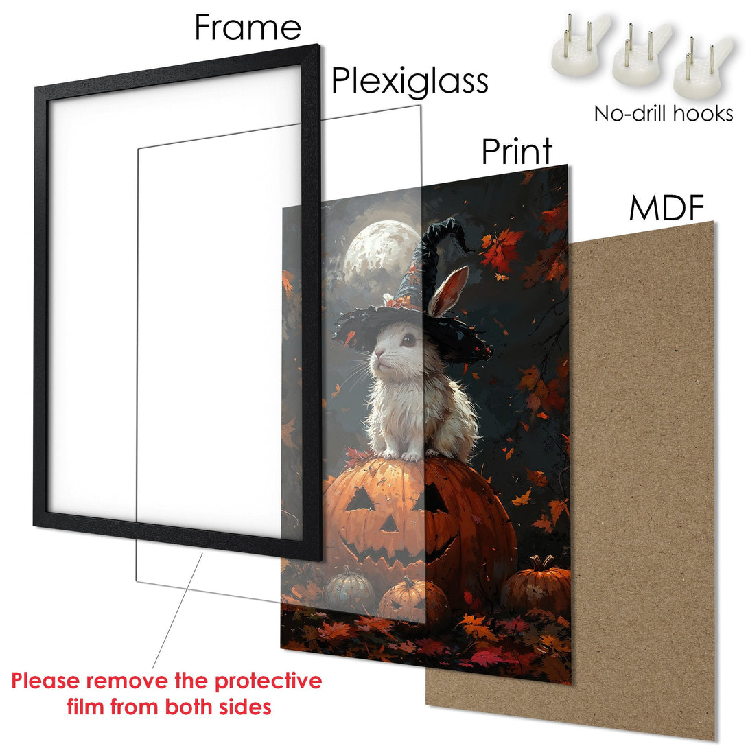 Framed Poster featuring a cute bunny in a witch hat on a pumpkin, dark autumn colors. Perfect Halloween decor!