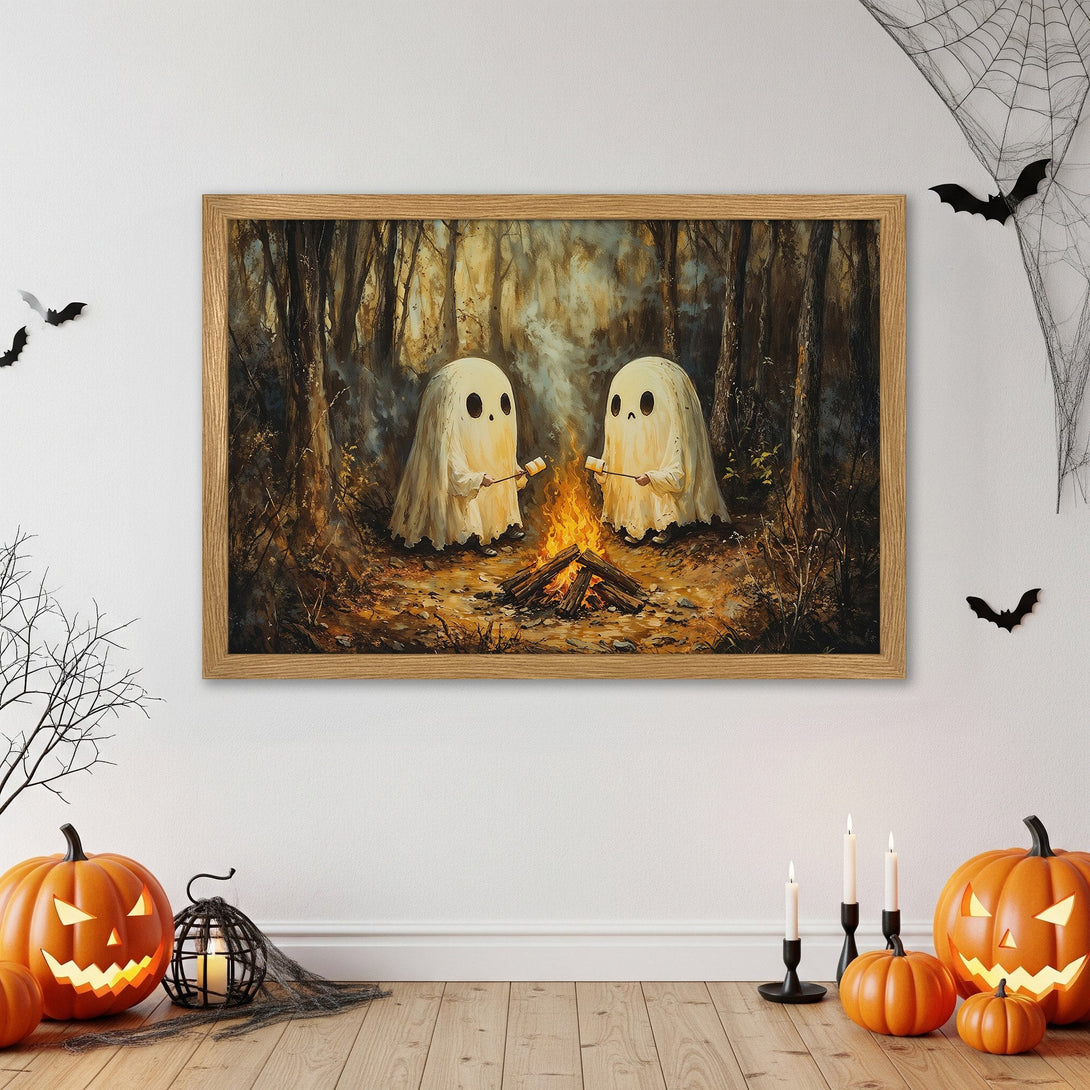 Framed Poster featuring cute ghosts roasting marshmallows in a forest scene. Warm, autumnal color palette. Perfect Halloween decor!