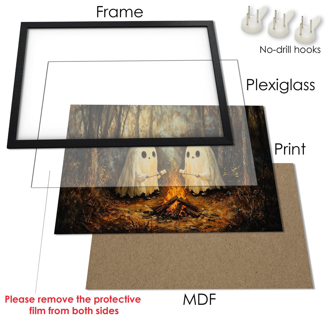Framed Poster featuring whimsical ghosts roasting marshmallows by a campfire, warm color palette. Perfect Halloween decor!