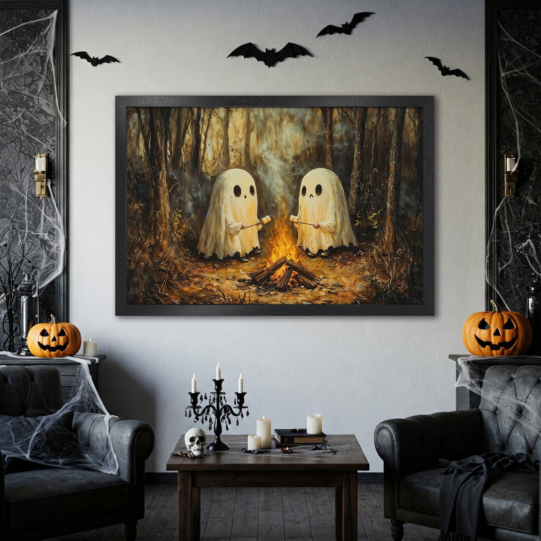 Framed Poster featuring adorable ghosts roasting marshmallows by a campfire in a whimsical, warm-toned style. Perfect Halloween decor!