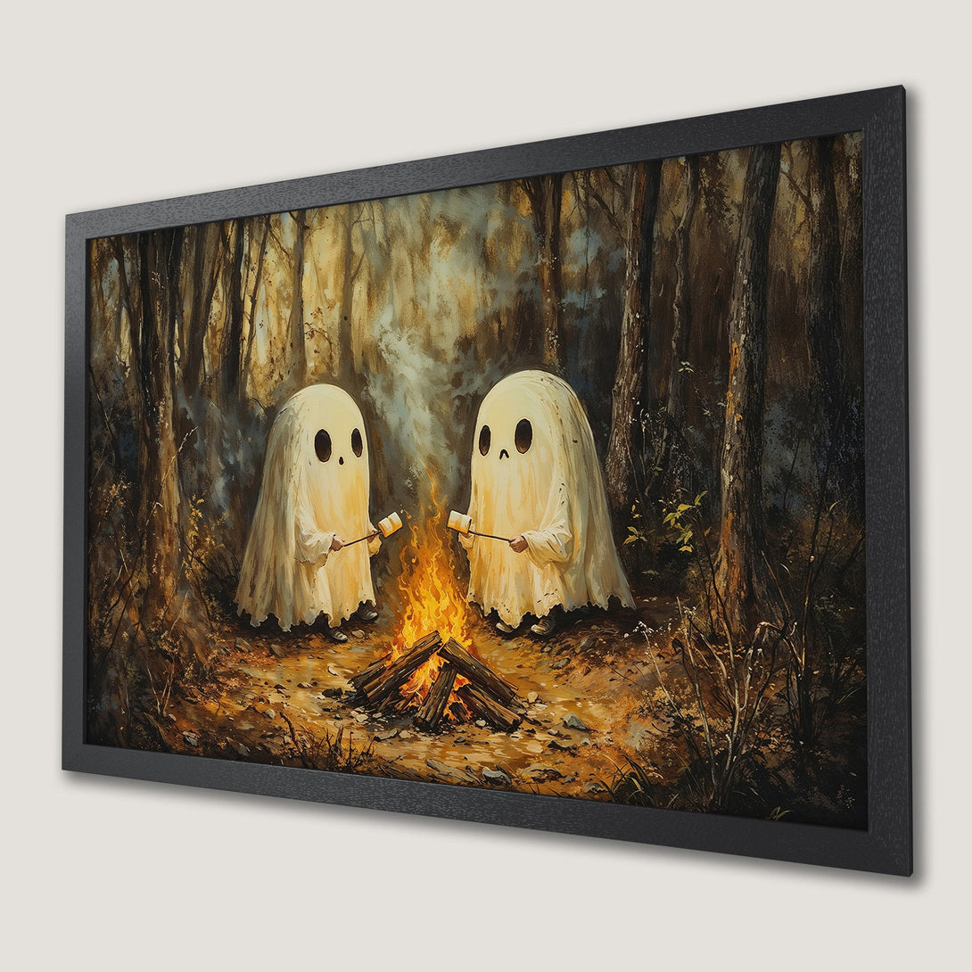 Framed Poster featuring whimsical ghosts around a campfire in a forest, painted in a warm, autumnal color palette.
