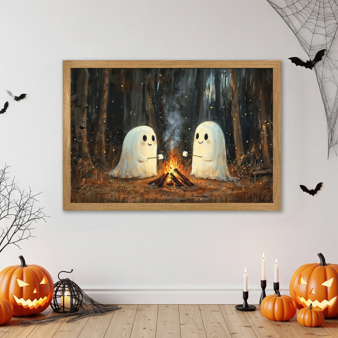 Framed Poster featuring cute ghosts roasting marshmallows by a campfire in a dark forest. Warm, autumnal color palette. Perfect Halloween decor!