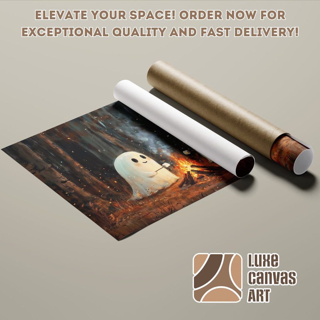 Poster Roll featuring a cute ghost by a campfire, warm color palette, perfect wall art.