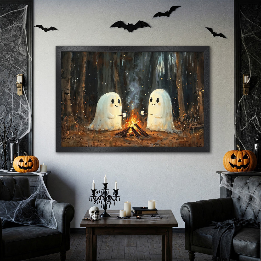 Framed Poster of cute ghosts roasting marshmallows by a campfire in a forest. Whimsical art with warm autumn color palette, perfect Halloween decor.