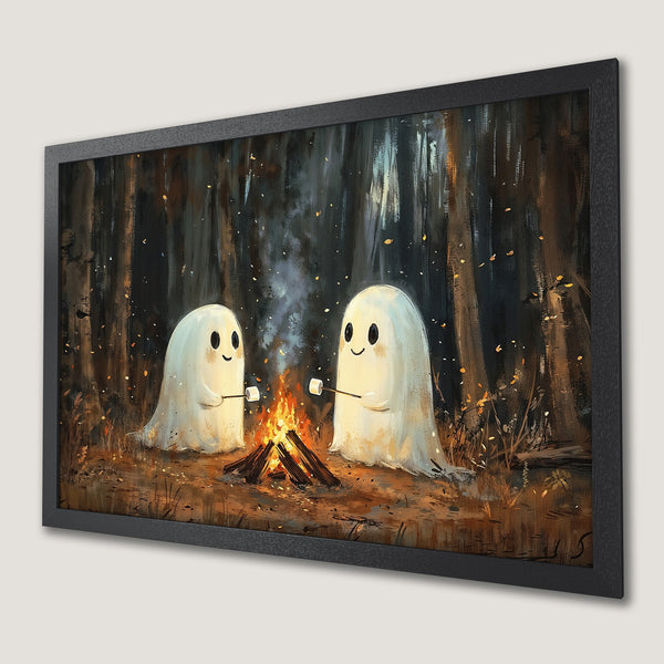 Framed Poster: Cute ghosts roasting marshmallows by a campfire in a whimsical, painterly style with warm, earthy tones. Perfect for Halloween!