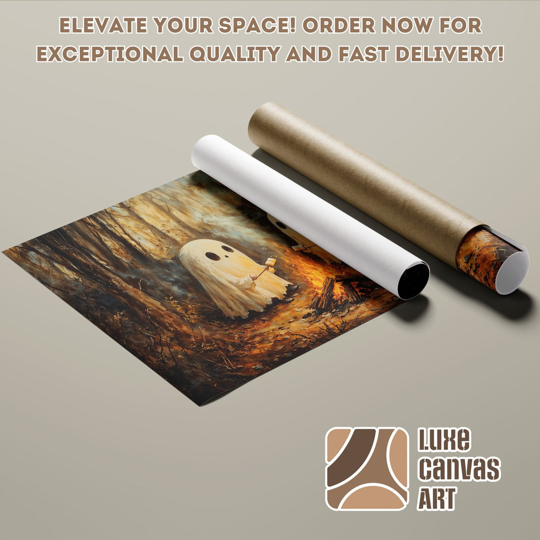 Poster Roll featuring a whimsical ghost scene with warm, earthy tones. Perfect art for your space!