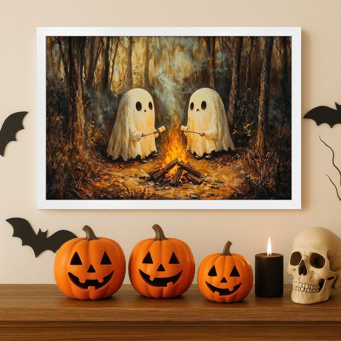 Framed Poster featuring spooky ghosts roasting marshmallows by a campfire in a forest, warm autumn color palette. Halloween decor.