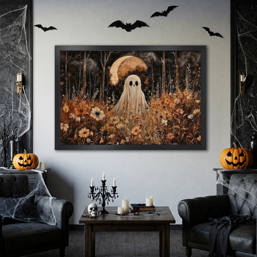 Framed Poster featuring a whimsical ghost in a forest. Watercolor style with warm, autumnal color palette. Perfect Halloween decor!