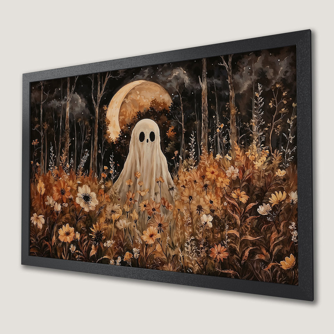 Framed Poster featuring a whimsical ghost in a moonlit forest. Warm, earthy tones and a vintage style create a cozy, spooky vibe. Perfect Halloween decor!
