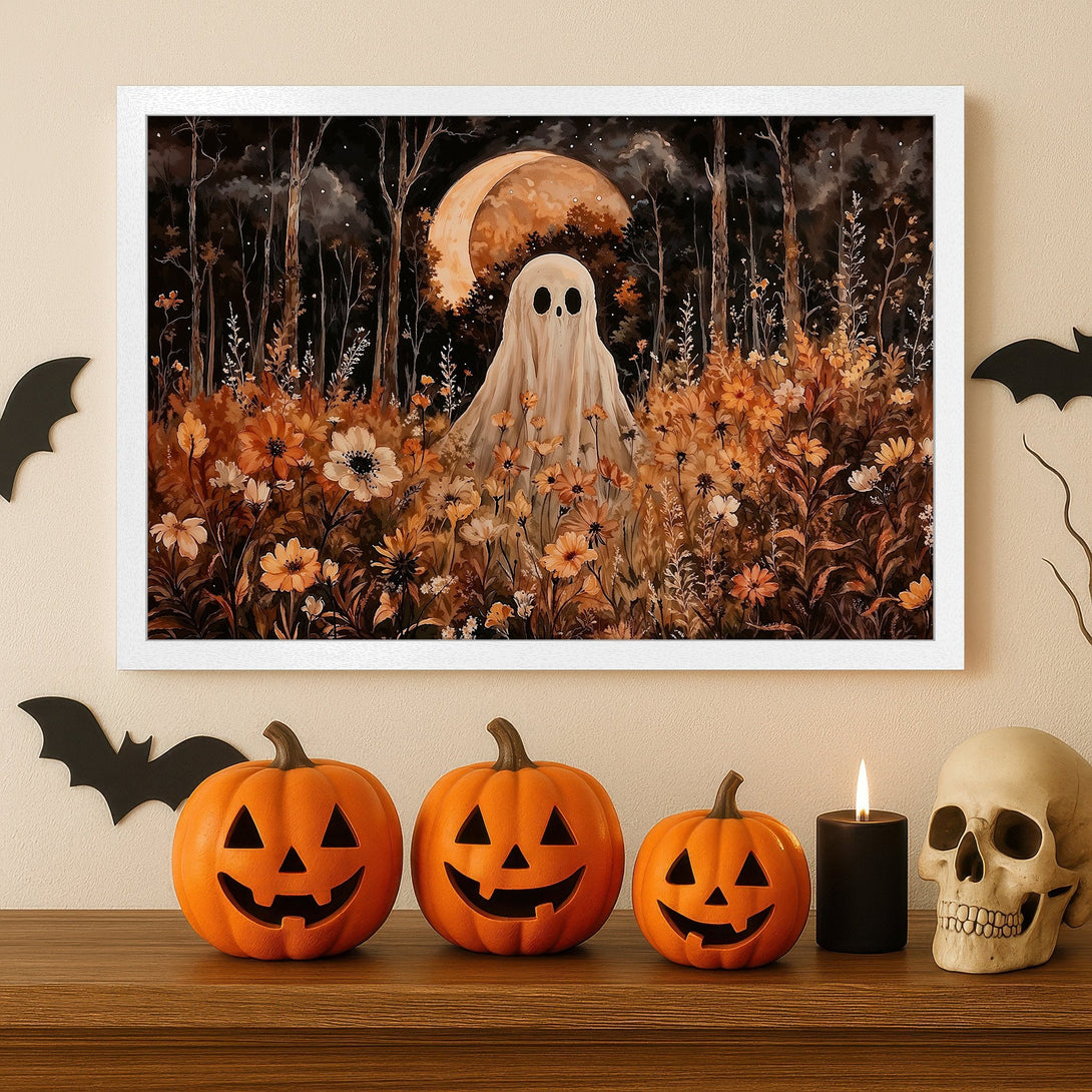 Framed Poster featuring a spooky ghost in a field, with a warm orange and brown color palette, perfect for Halloween decor.
