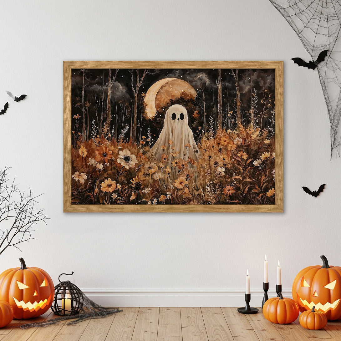 Framed Poster featuring a whimsical ghost in a forest scene. Warm, earthy tones with a touch of spooky Halloween style. Perfect wall art!