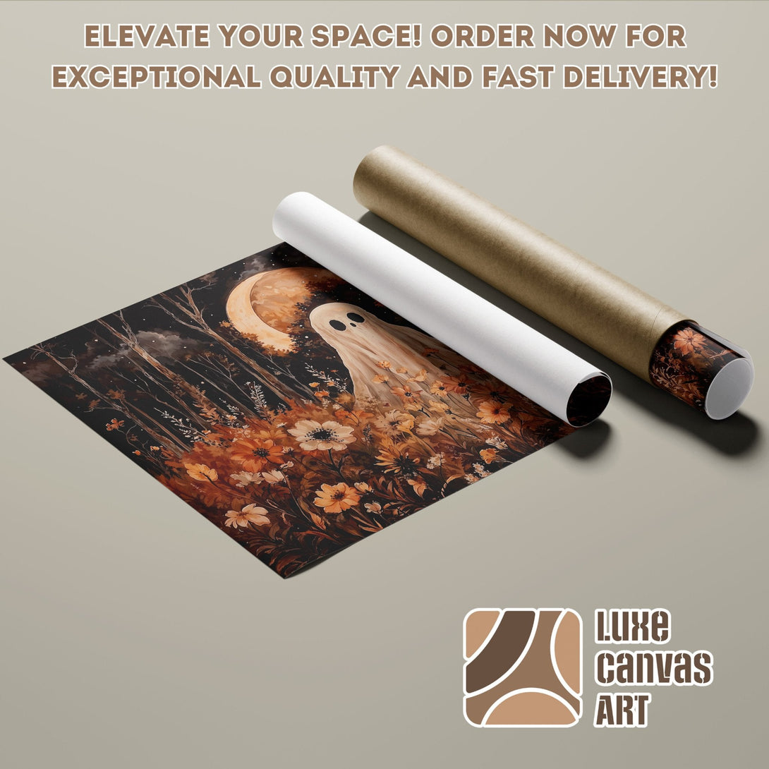 Spooky ghost Poster Roll art print in warm tones. Elevate your space with Luxe Canvas Art!