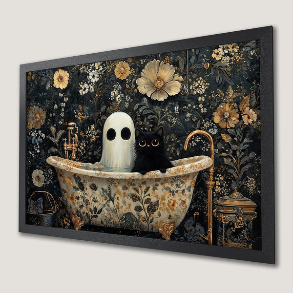 Framed Poster featuring a whimsical black cat and ghost in a vintage floral bathtub. Dark, moody color palette with gold accents.