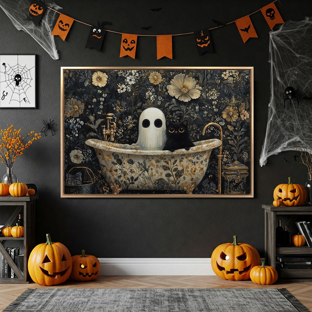 Framed Wall Art: Spooky Halloween scene with a ghost and black cat in a floral bathtub. Dark, moody color palette with gold accents. Perfect for Halloween decor!