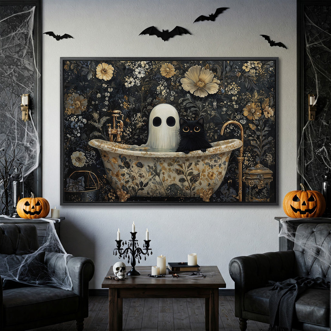 Framed Wall Art: Halloween decor featuring a ghost & black cat in a floral bathtub, dark & gold color palette, perfect for spooky season.