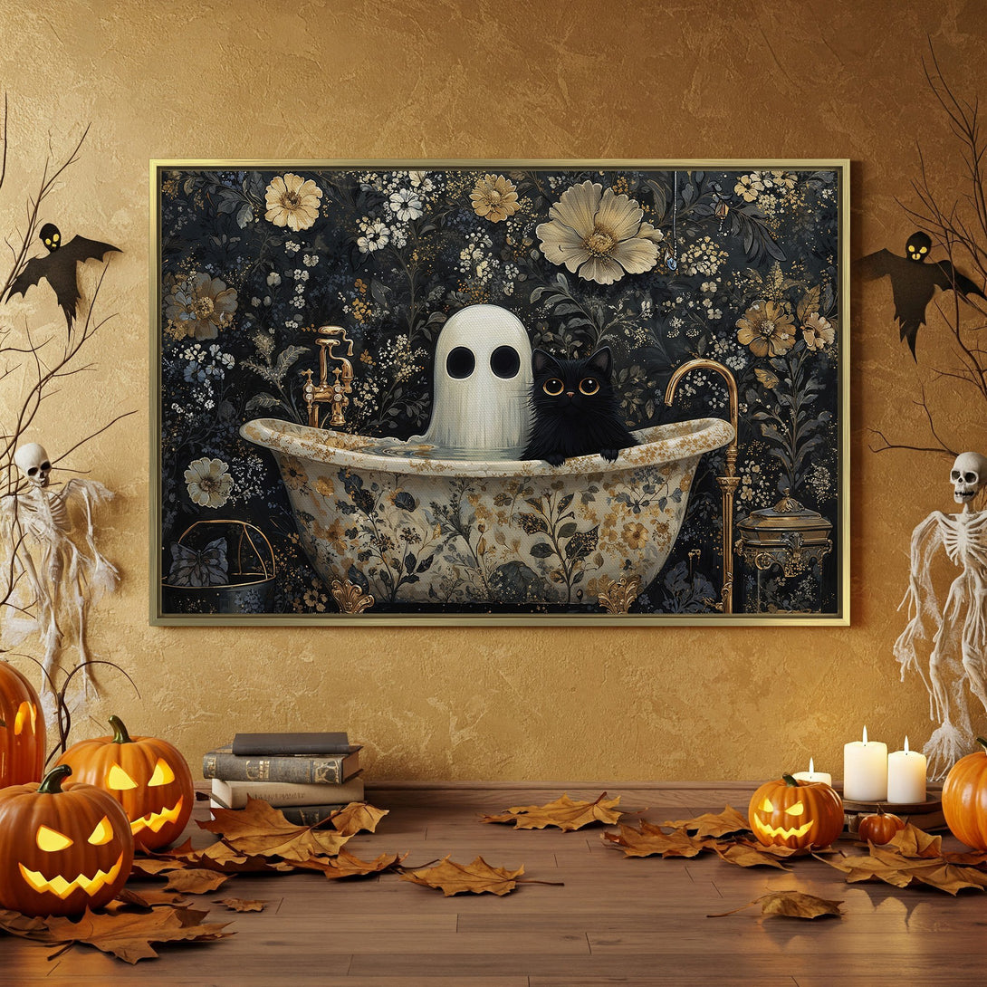Canvas Print featuring a spooky Halloween scene with a black cat, ghost, and pumpkins. Dark floral design with gold accents. Perfect for Halloween decor!