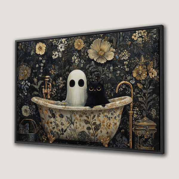 Framed Wall Art: Whimsical illustration of a ghost and black cat in a floral bathtub. Dark, moody color palette with gold accents. Perfect for unique home decor.