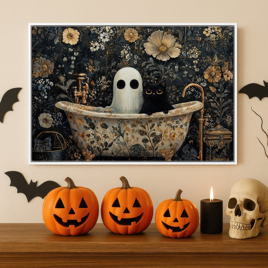 Framed Wall Art featuring a Halloween scene with a ghost and black cat in a floral bathtub. Dark, moody color palette with gold accents. Perfect spooky decor!