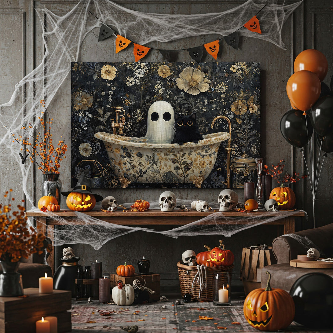Framed Wall Art: Spooky Halloween scene with a ghost and black cat in a floral bathtub. Dark, moody color palette with gold accents. Perfect for Halloween decor!